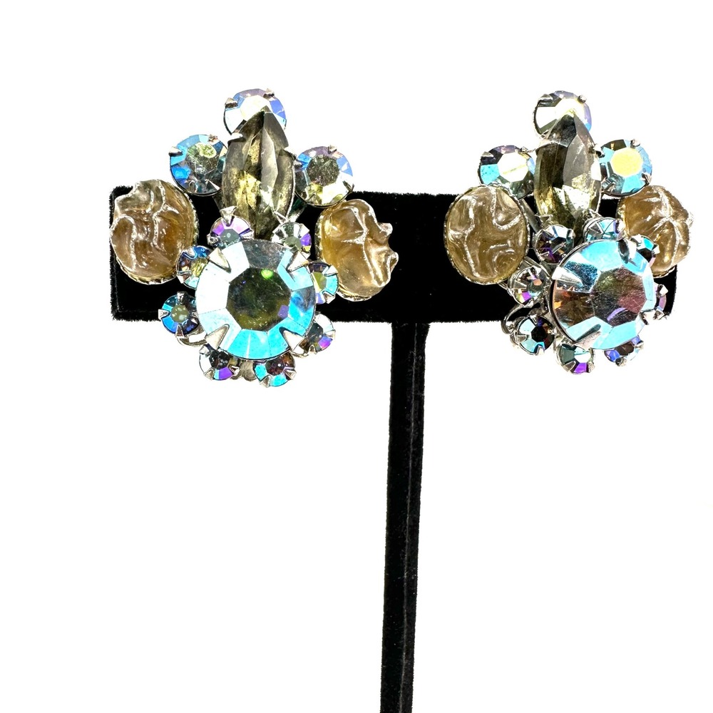Vintage Signed Beau Jewels Aurora Borealis Molded Art Glass Clip On Earrings Mod